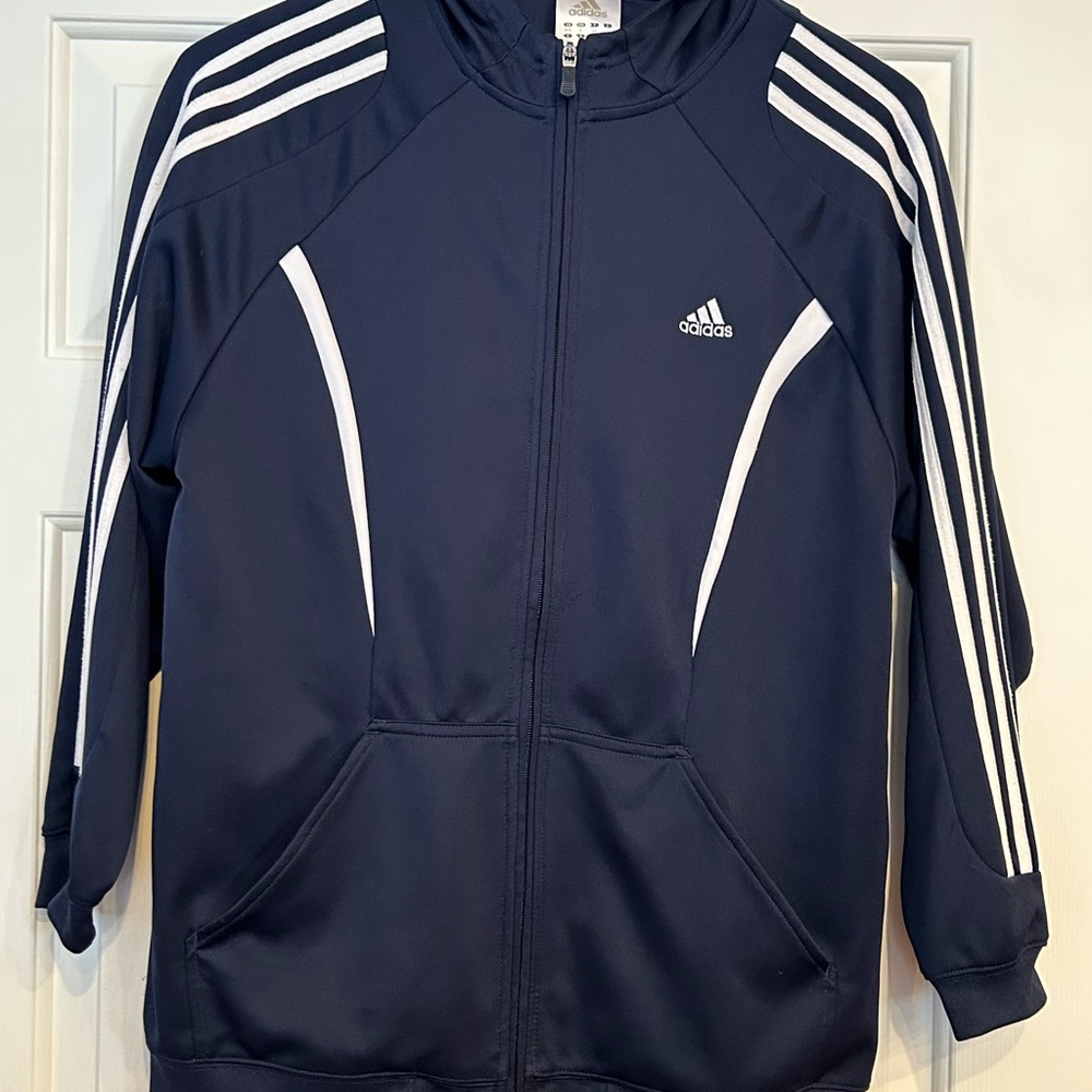 Adidas Navy Bomber Jacket with Iconic White Stripes and Hood